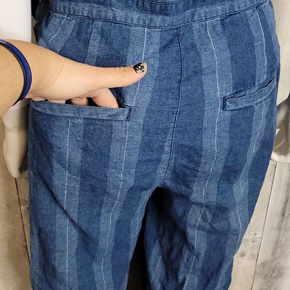 JOIE Xenia Cropped Striped Linen And Cotton-blend Wrap Jumpsuit In Ocean - Picture 9 of 14